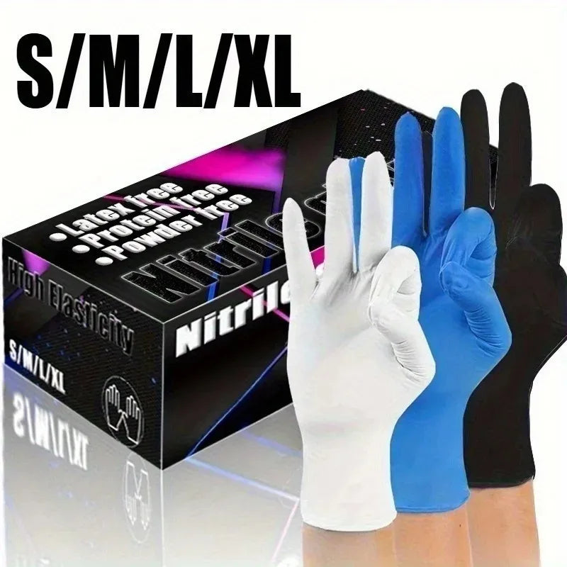 100PCS Black White and Blue Nitrile Gloves Thickened Disposable Gloves for Cleaning Hairdressing Waterproof Dishwashing Tattoo