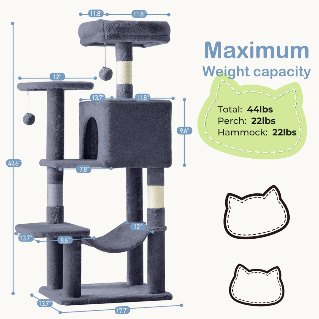 44 Inch Cat Tree Tower, Multi-Cat Climbing Tower With, Natural Sisal Scratching Posts, Extended Platform, Hammock